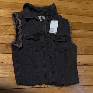 H&M Black Distressed Denim Vest with Back Graphic